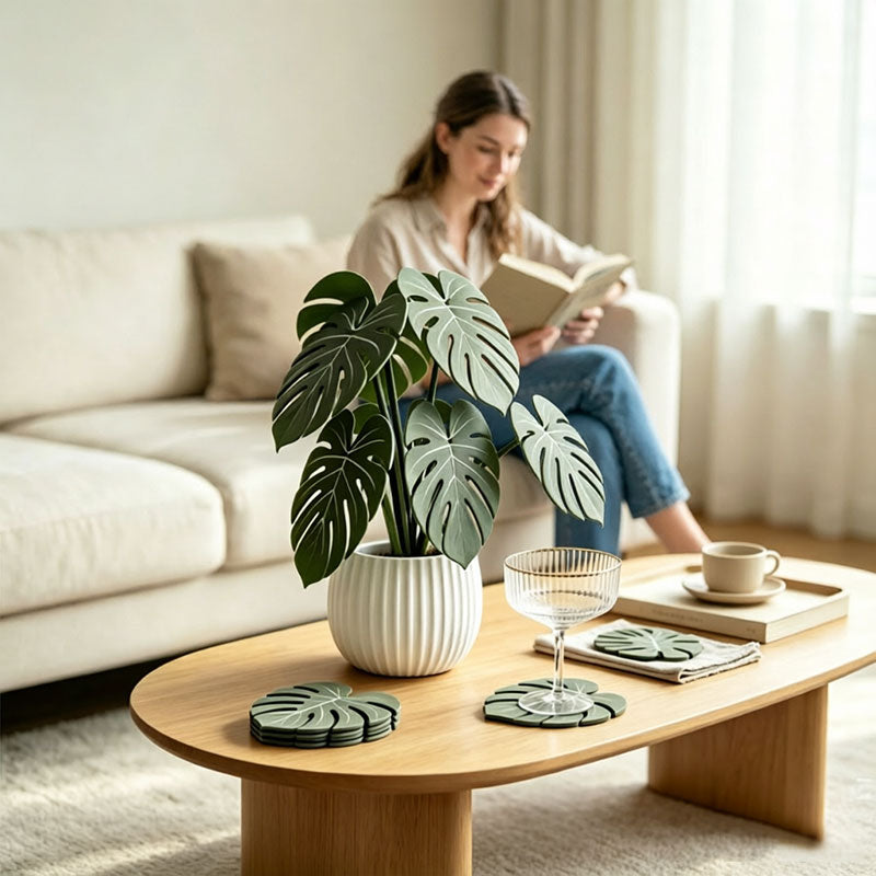 Monstera Leaf 3D Printed Coasters, Non-Slip Anti-Scald Plant Drink Mats, Tropical Desk Bar Kitchen Decor