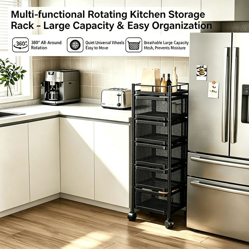360° Rotating Storage Rack Kitchen Organizer Vegetable Basket Removable Cart Trolley Shelf 94cm