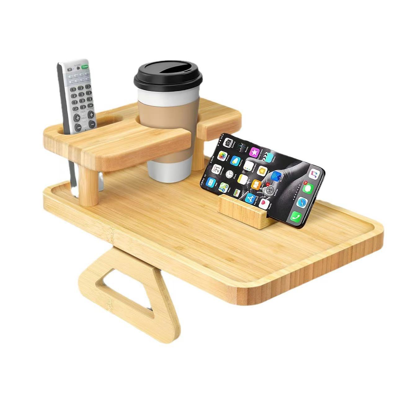 Wooden Tray Double Layer Paintable Armrest Tray with Cup Holder for Drinks and Snacks, Solid Wood Sofa Table
